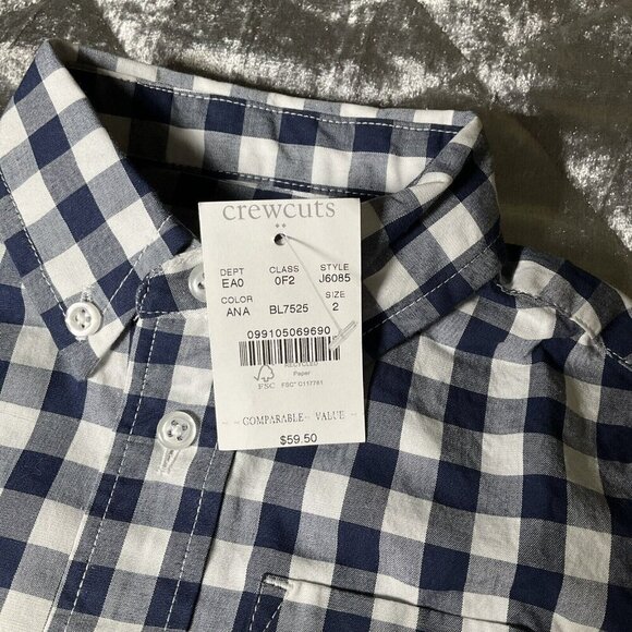 Crewcuts Boys 2T Button Down Up Longsleeve Top Blue White Check Gingham Shirt - Picture 2 of 8
